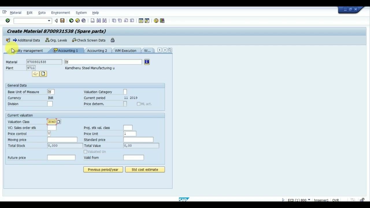 Create Material screen showing the material number, plant, and valuation class fields