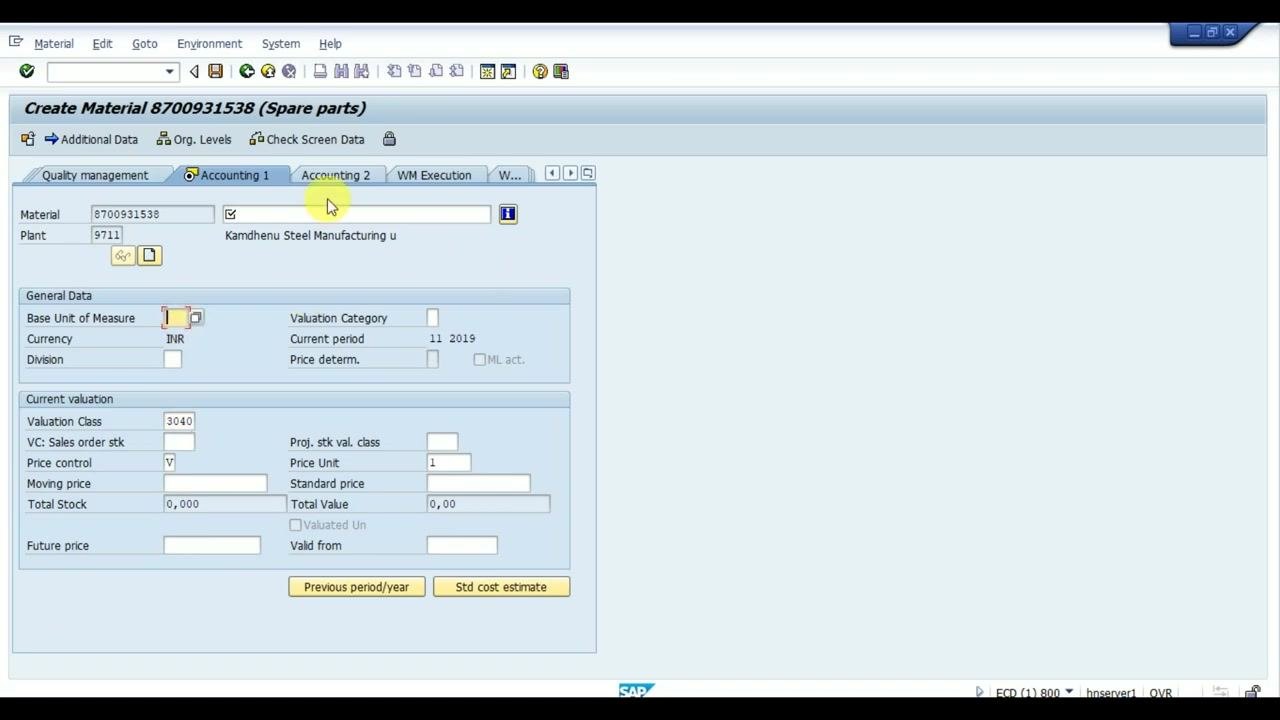 Create Material screen with the base unit of measure being set and the price control field highlighted