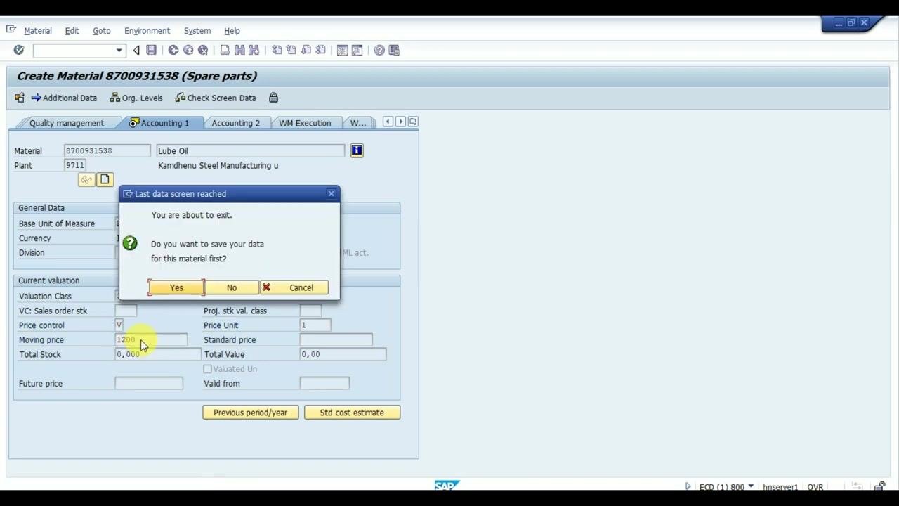 Confirmation dialog asking whether to save data for the material, with moving price entered as 1200 and price control set to V