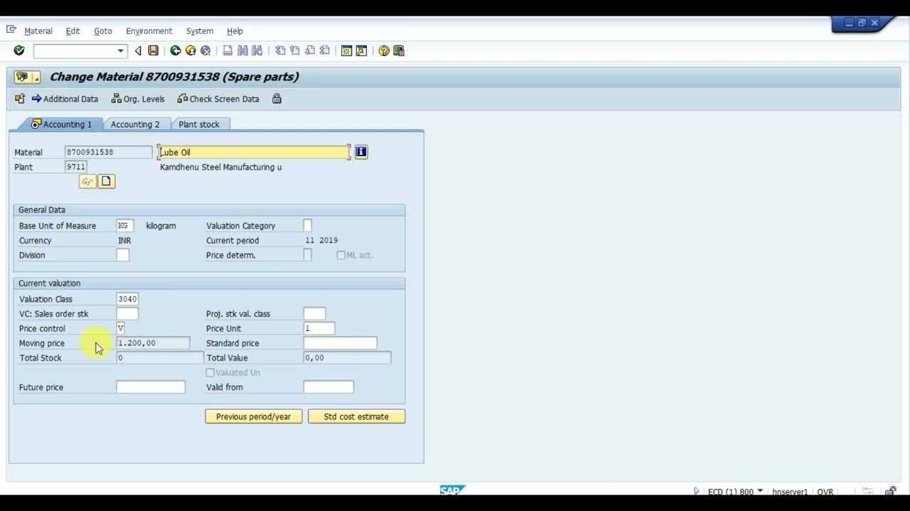 Change Material screen showing all entered and calculated values, including valuation class, price control, and moving price