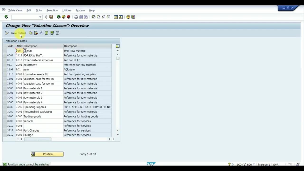 Create Material screen, Accounting 1 tab, with the Valuation Class field highlighted and a "No values found" message displayed