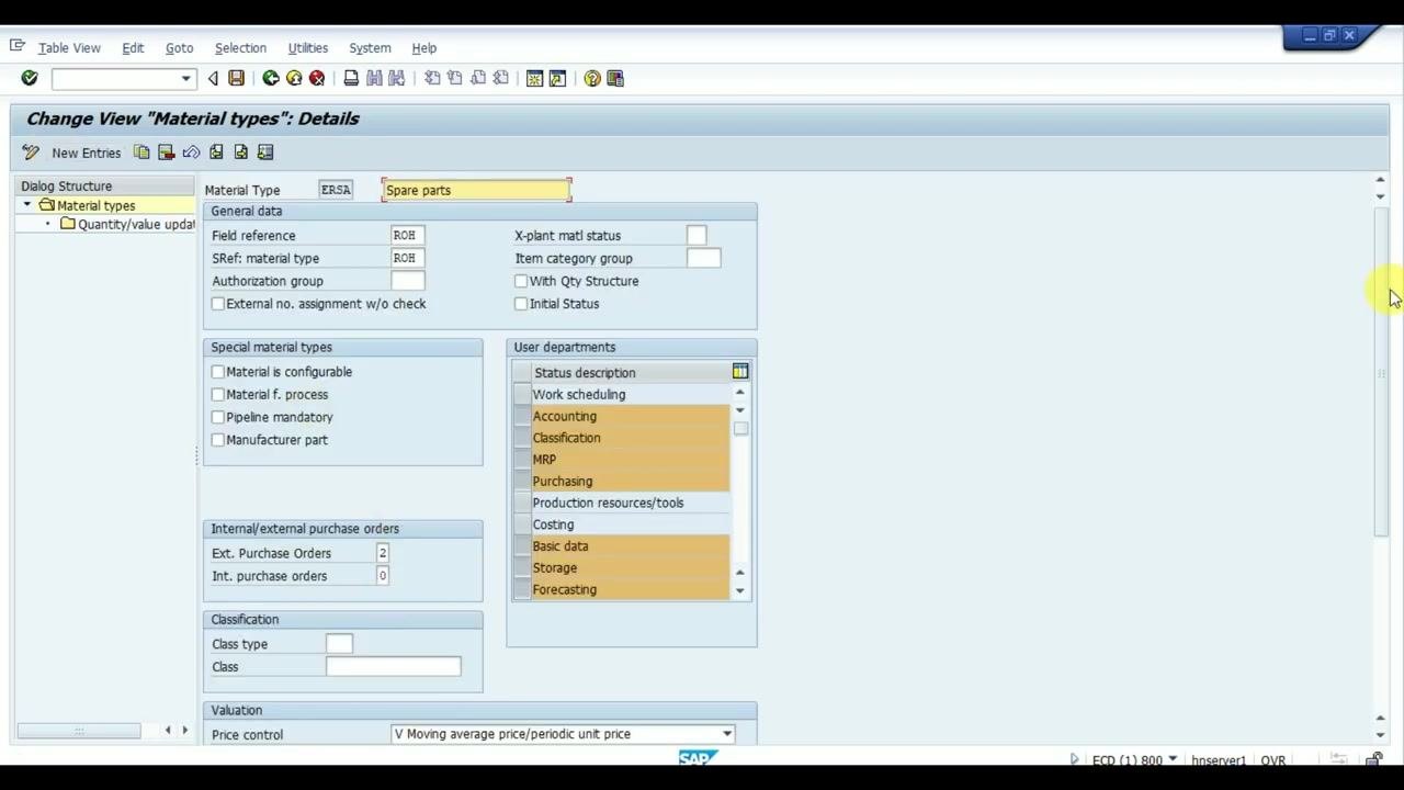 Change View "Material types": Details screen for ERSA, Spare parts, with user departments highlighted