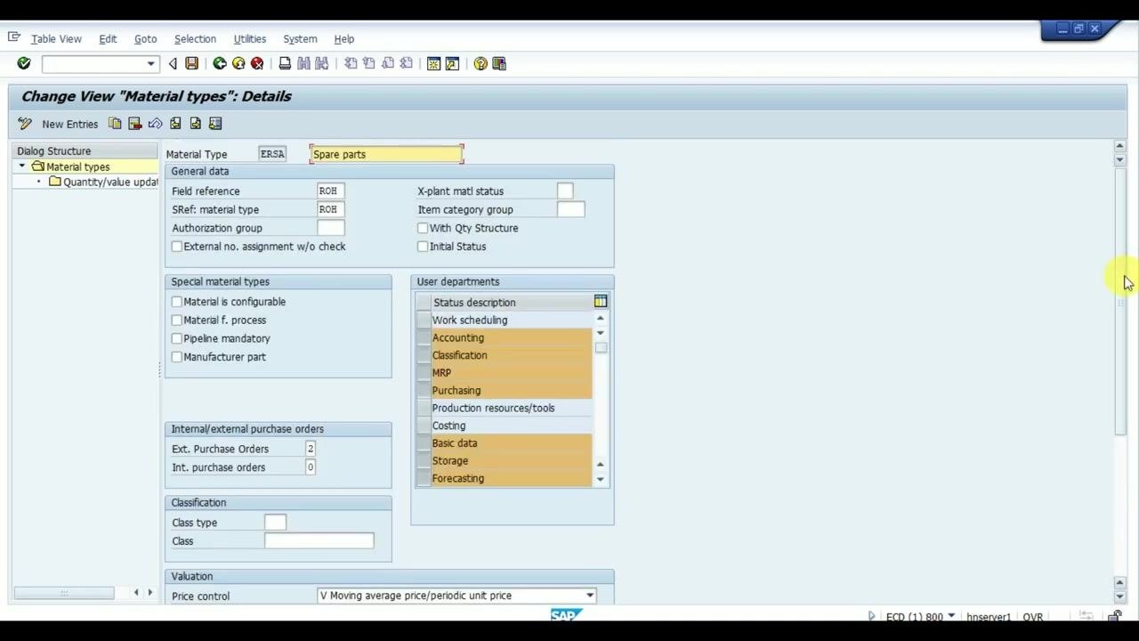 Change View "Material types": Details screen with the dialog structure showing Material types and Quantity/value updating