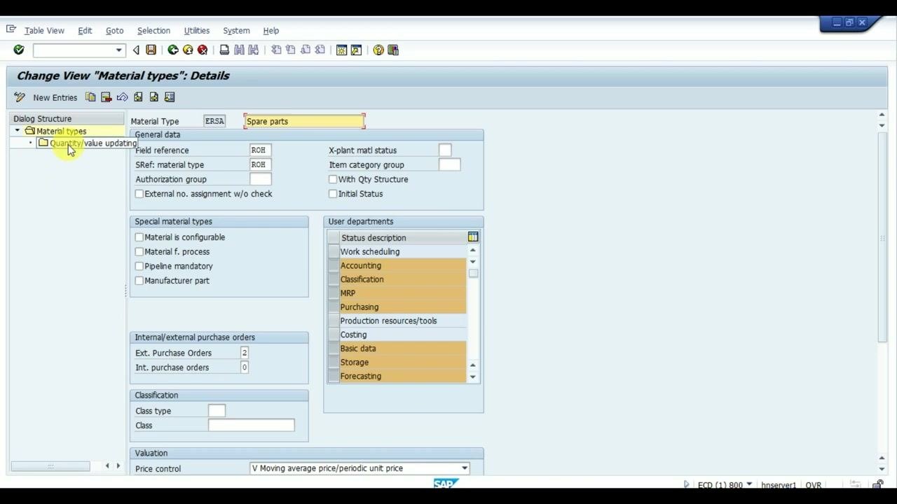 Change View "Material types": Details screen with Quantity/value updating selected in the dialog structure