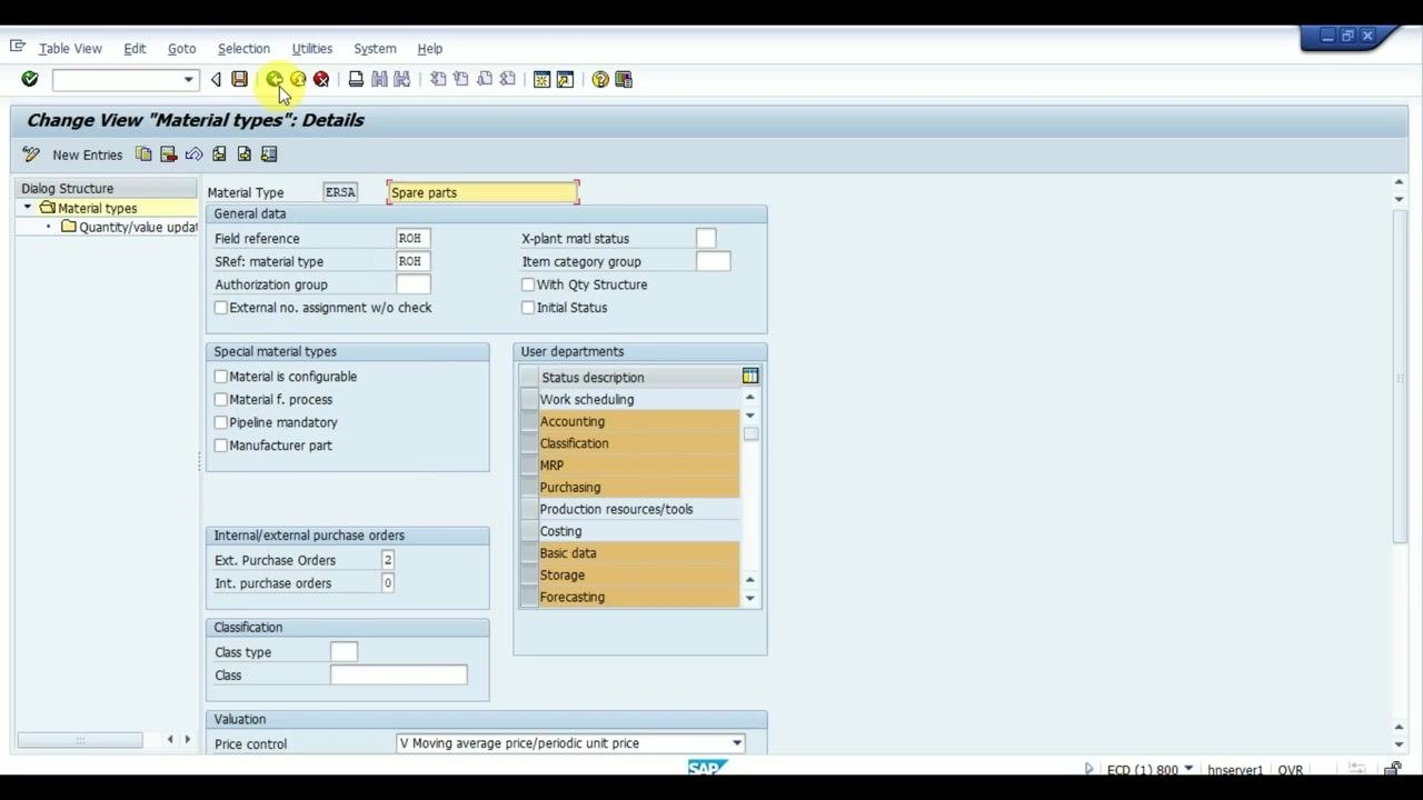 Change View "Material types": Details screen ready to confirm settings for all value scenarios