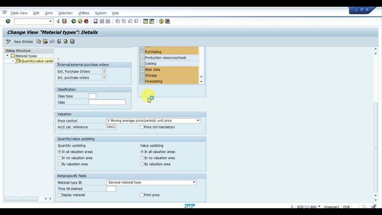 Change View "Material types": Details screen showing OMS2 as the account category reference with quantity/value updating options selected