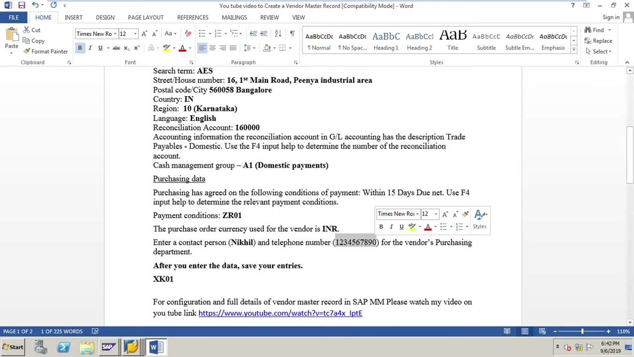 Word document showing the full data sheet with all required vendor master data fields and example values