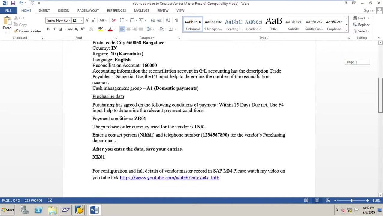 Word document with detailed vendor master data instructions and a reference link for further configuration guidance