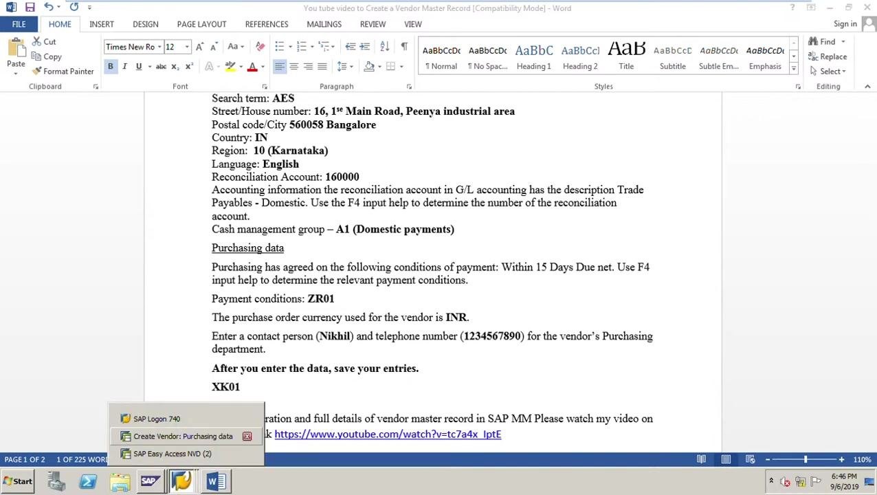 Microsoft Word document open on screen showing a data sheet with all required vendor master record details, SAP windows visible in the taskbar, and a note to save entries after data entry