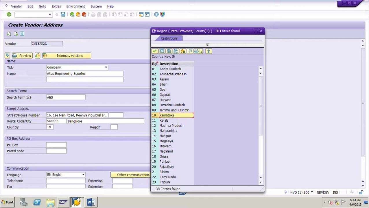 Create Vendor: Address screen with vendor name, search term, and address fields being filled, and F4 help for region selection showing Karnataka (10)