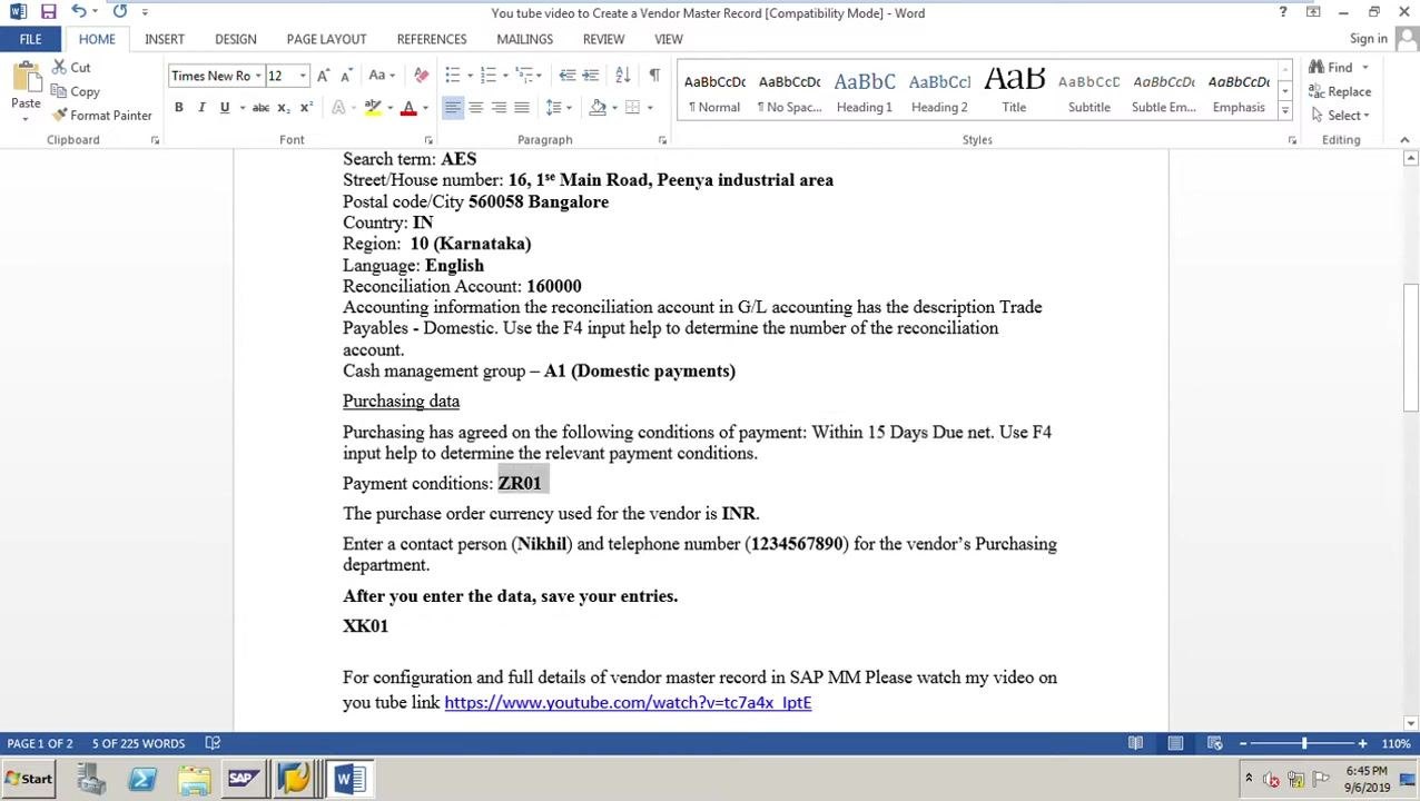 Create Vendor: Purchasing data screen with F4 help showing ZR01 within 15 days Due net selected for Terms of payment