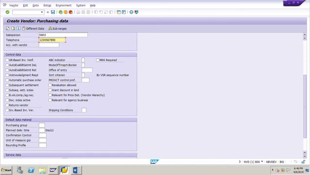 Create Vendor: Partner functions screen showing VN as the default partner function, with vendor details and purchasing organization displayed at the top