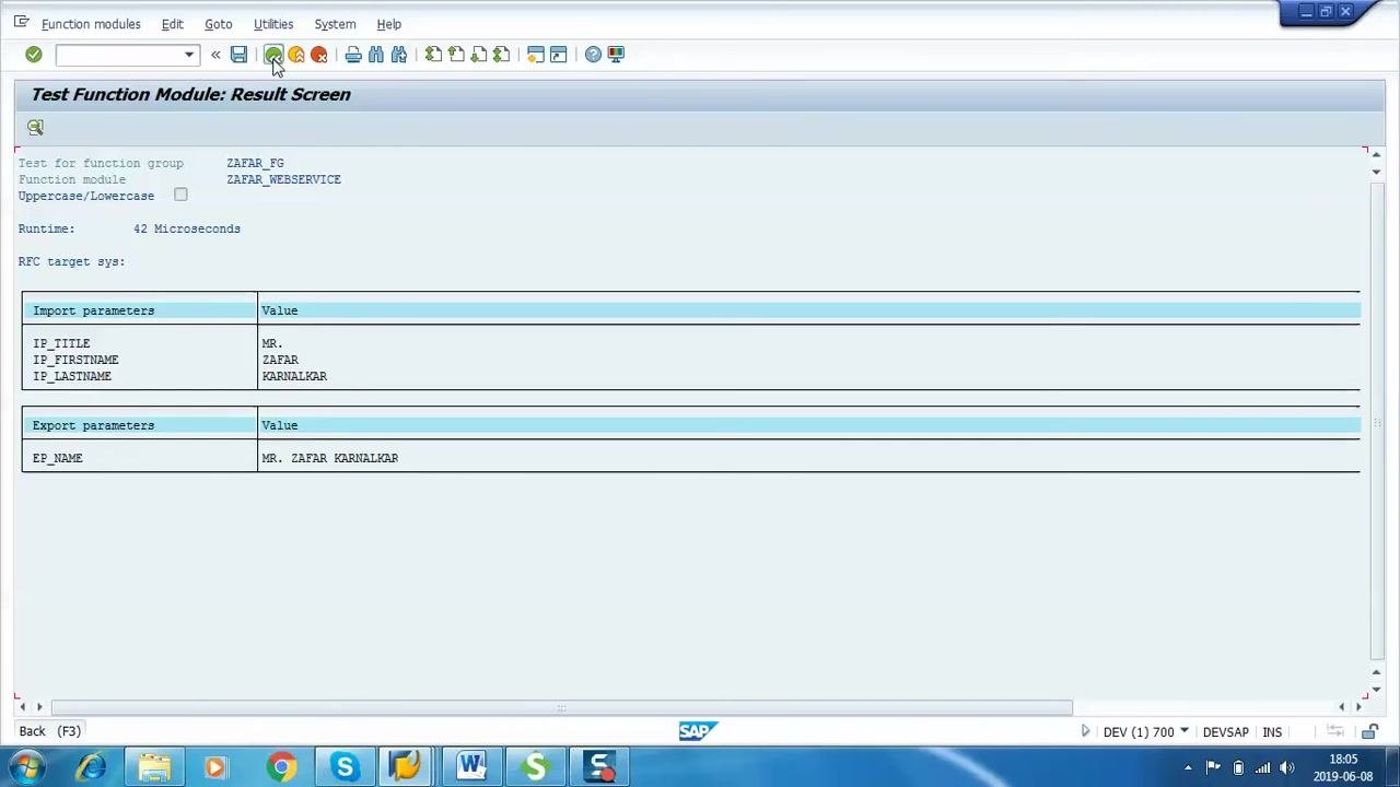 Test Function Module: Result Screen showing input parameters and export parameter EP_NAME = MR. ZAFAR KARNALKAR