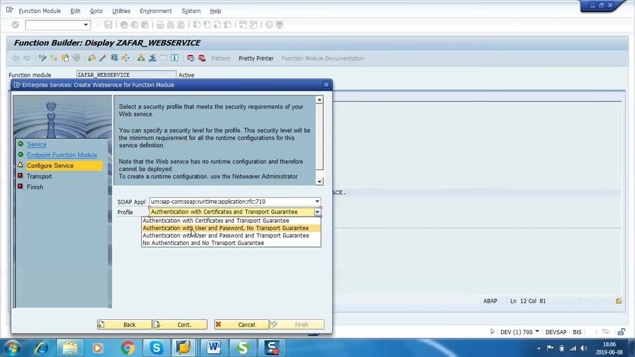 Dialog for creating a web service is open. The user is entering 'ZWS_' as the service definition, with suggestions like 'ZWS_EMAIL_RAW_DATA' visible. The description field is empty