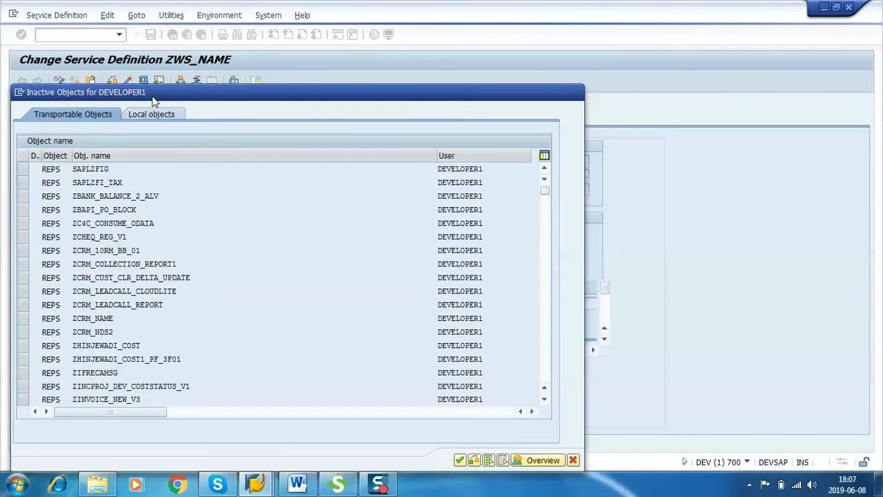 A dialog titled 'Inactive Objects for DEVELOPER1' is open, listing transportable objects and their associated users