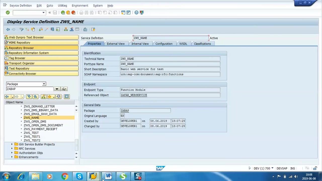 ABAP Development Workbench is open. The Object Navigator shows the ZABAP package expanded, with Service Definitions listed including ZWS_NAME. The main area displays 'ABAP DEVELOPMENT WORKBENCH' in orange text