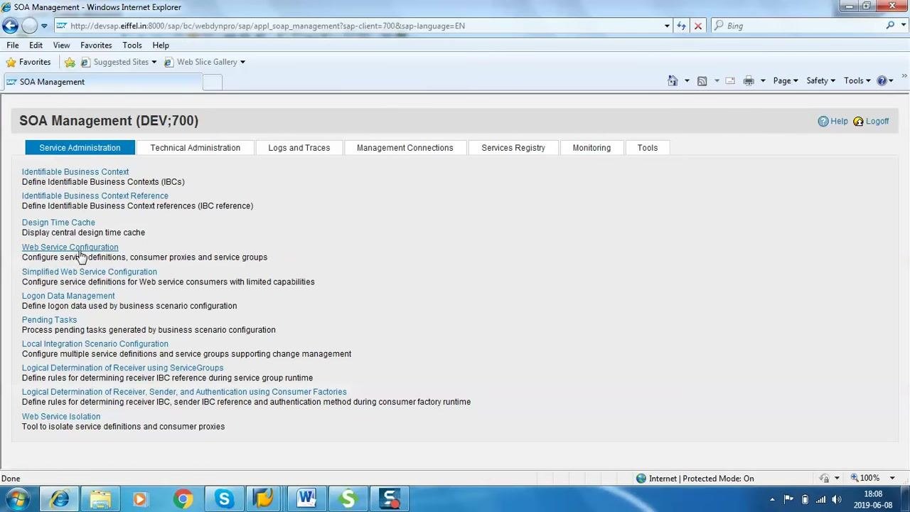 SOA Management screen is open in Internet Explorer. The Service Administration tab is selected, and 'Web Service Configuration' is visible in the list