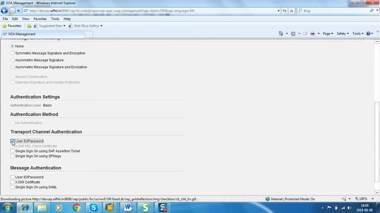 SOA Management screen showing Provider Security step. 'User ID/Password' is checked under Transport Channel Authentication. Other authentication options are visible but not selected