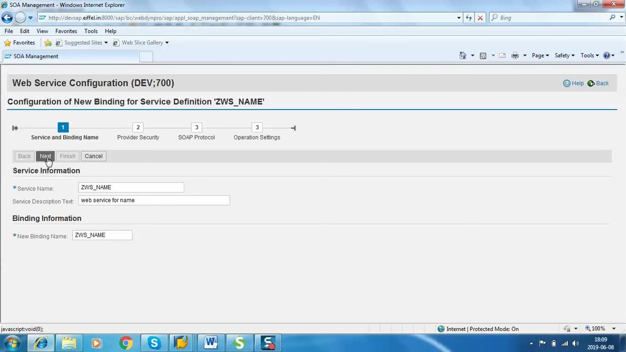 The Next button is being clicked in the binding configuration wizard, with all fields filled for ZWS_NAME