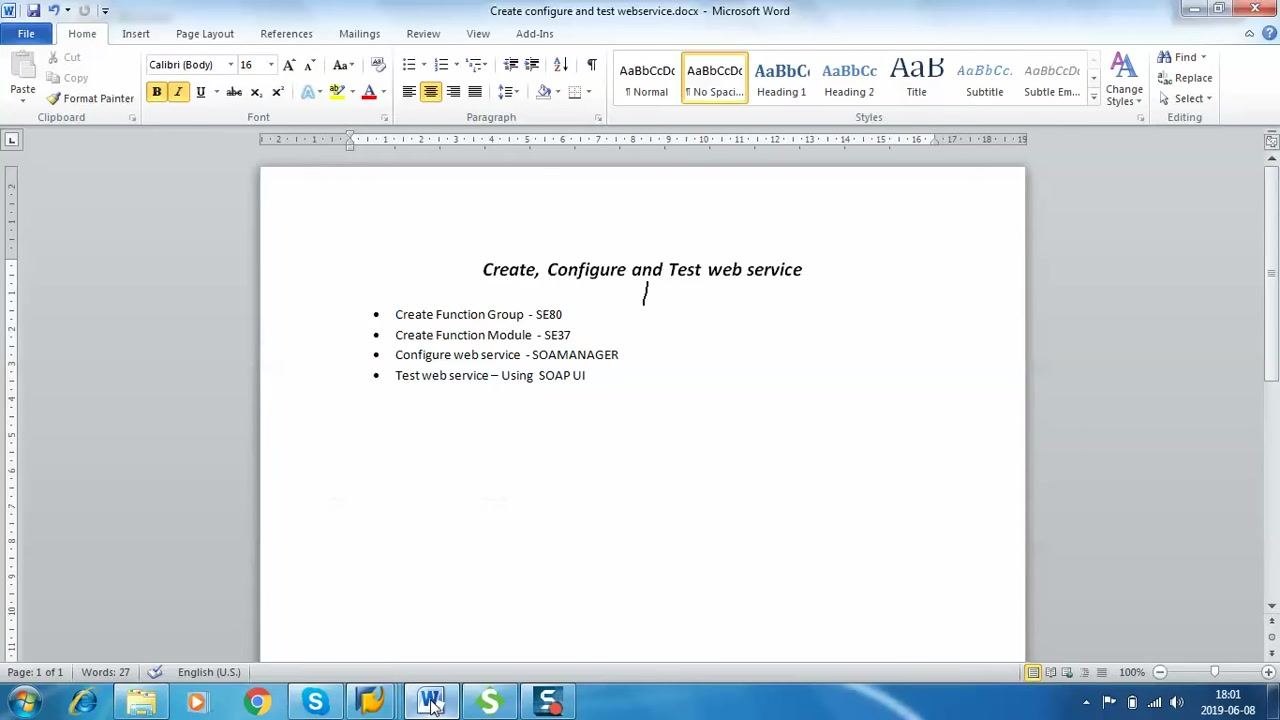 Microsoft Word document listing the four main steps: Create Function Group – SE80, Create Function Module – SE37, Configure web service – SOAMANAGER, Test web service – using SoapUI
