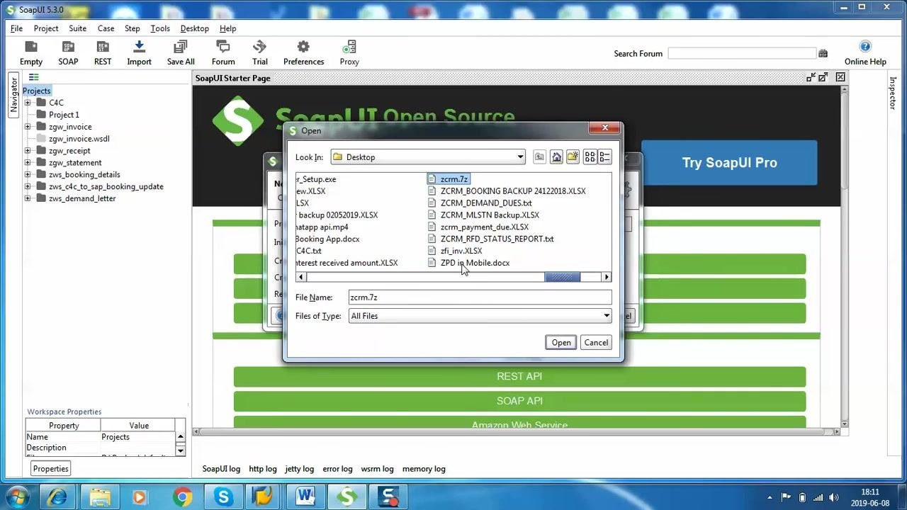 SoapUI open file dialog showing navigation to select a WSDL file from the desktop