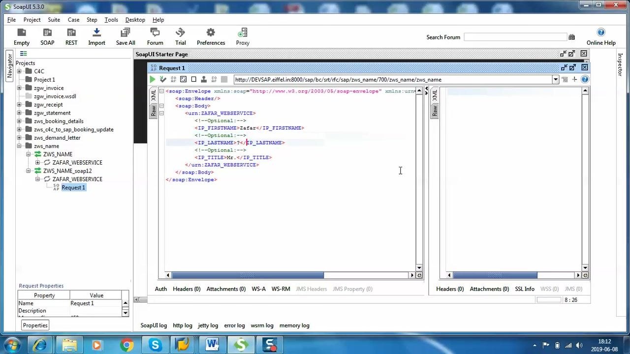 SoapUI request editor with XML body fields for first name, last name, and title filled in