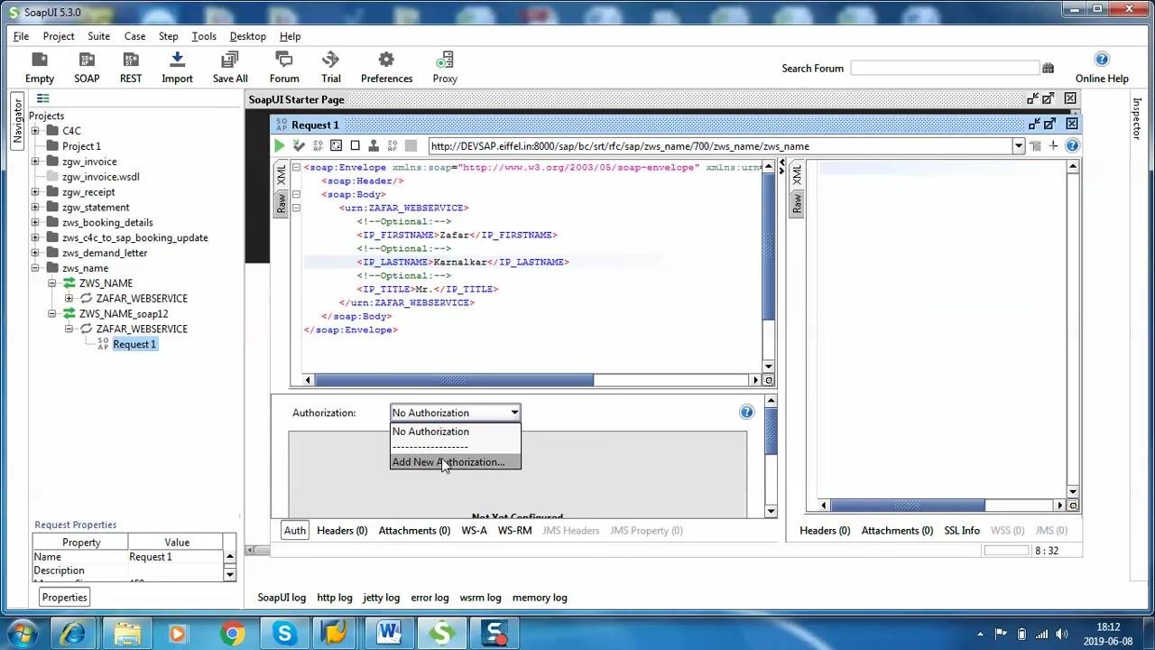 SoapUI request editor with the Auth tab open and Add New Authorization selected
