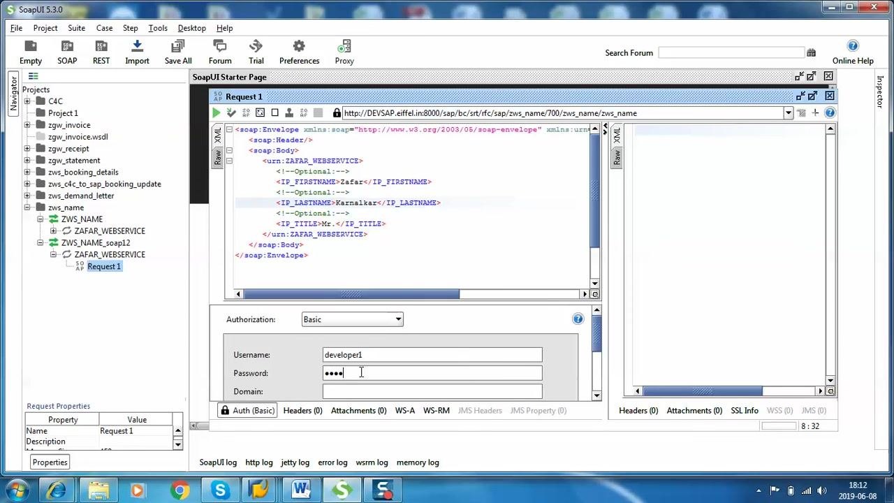 SoapUI request editor showing the XML request, authentication fields, and the toolbar with the submit (green arrow) icon highlighted above the request body