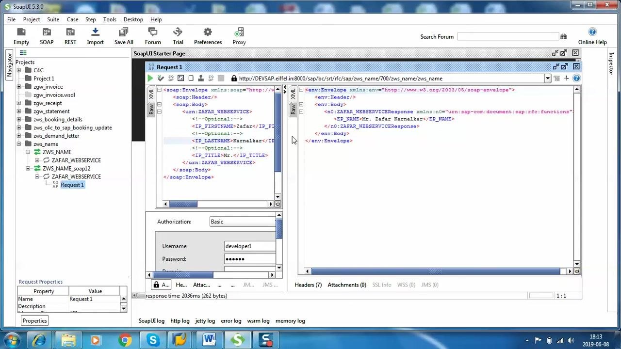 SoapUI request editor with the response pane showing the returned XML containing EP_NAME with the value "Mr. Zafar Karnalkar"