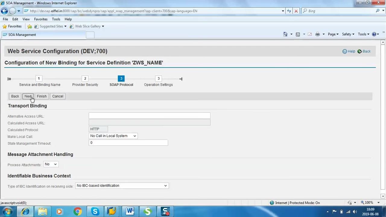 SOAP Protocol step of the binding wizard is open. The Next button is being clicked. Fields for Transport Binding and Message Attachment Handling are visible