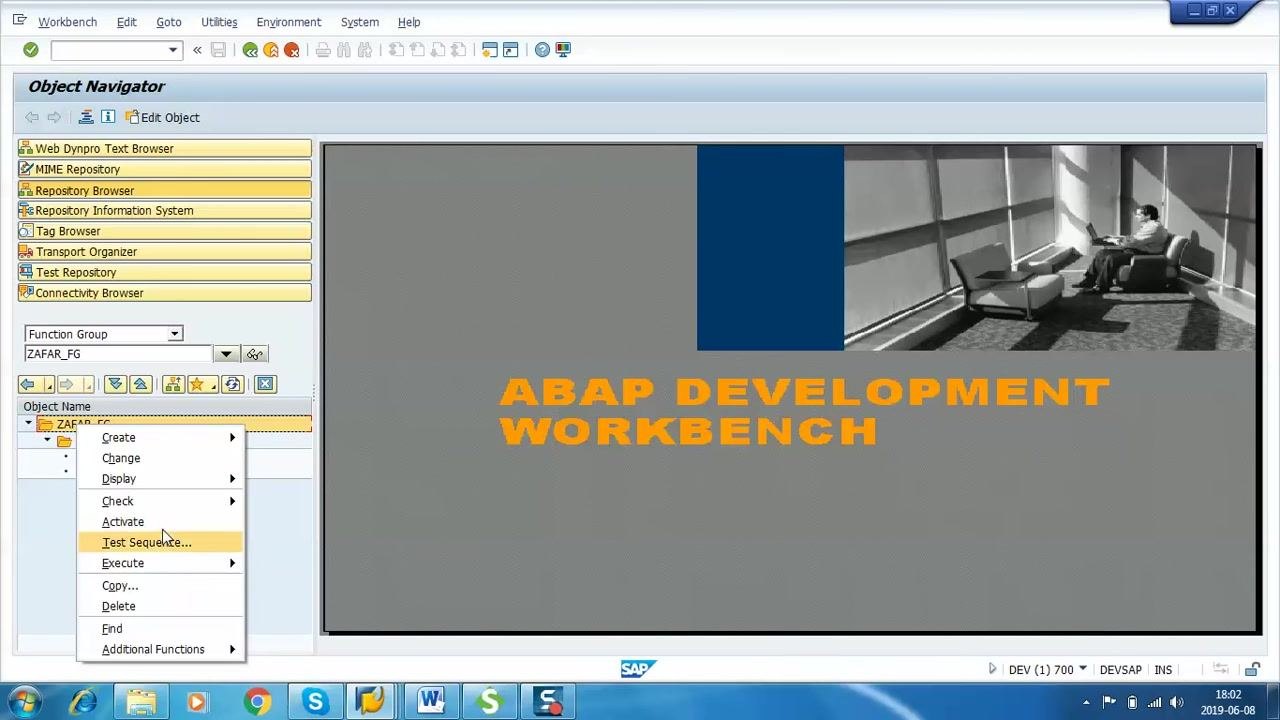 Right-click context menu on the function group ZAFAR_FG, showing options including Activate