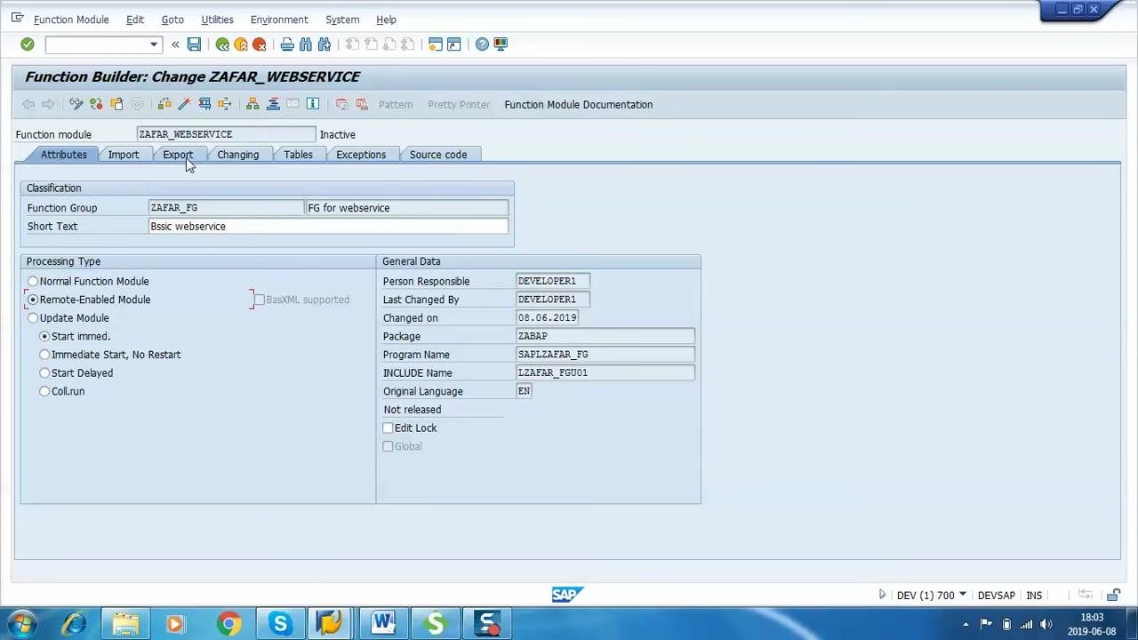 Function Builder: Initial Screen with ZAFAR_WEBSERVICE entered as the function module name and the Create button visible