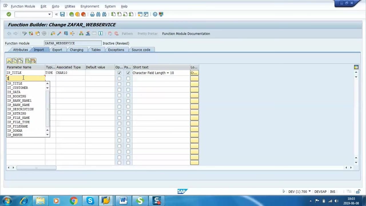 Import tab with IP_TITLE, IP_FIRSTNAME, and IP_LASTNAME parameters defined, and an information dialog about RFC parameters