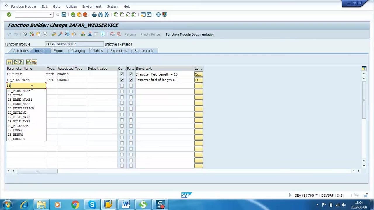 Import tab with all three parameters (IP_TITLE, IP_FIRSTNAME, IP_LASTNAME) defined and ready to add export parameter