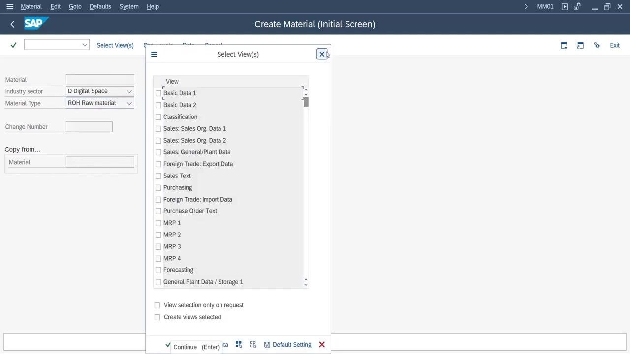 Industry sector dropdown in MM01 showing D Digital Space as an option