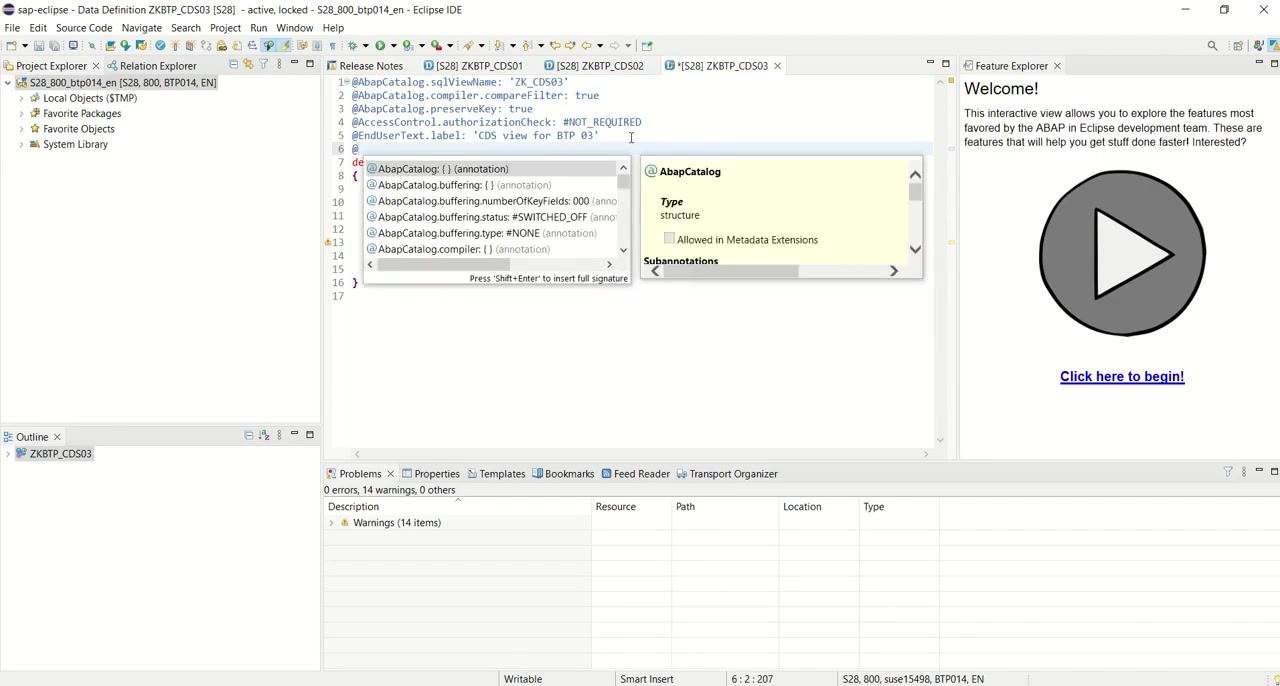 Eclipse IDE with the @OData.publish annotation added to the CDS view ZKBTP_CDS03