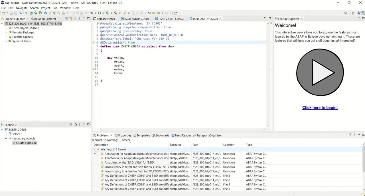 Eclipse IDE showing the CDS view code and the Problems tab listing 15 warnings and 0 errors