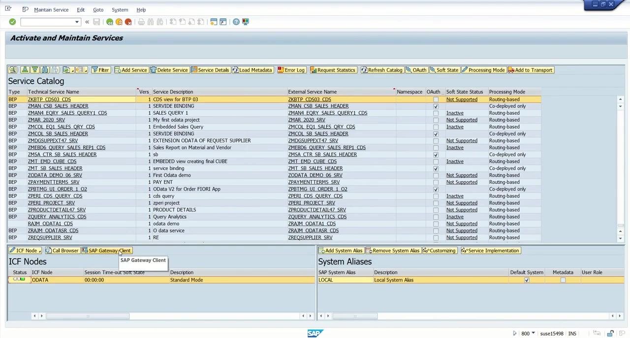 Service Catalog with ZKBTP_CDS03_CDS highlighted, showing service details and status