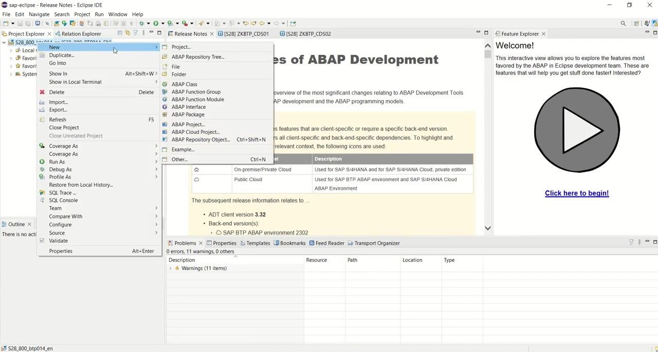Context menu on the SAP project with New and Other highlighted