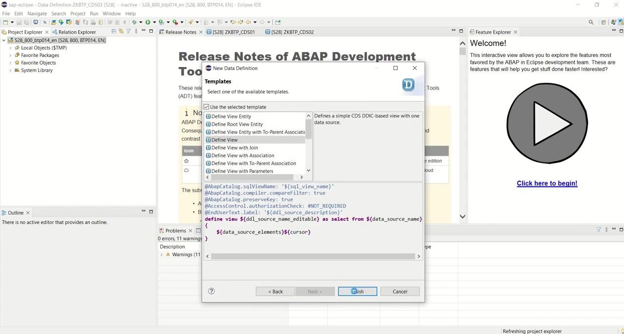 New Data Definition dialog with project, package, name, and description fields completed