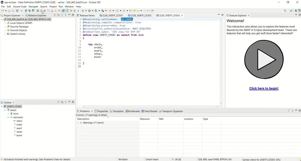Eclipse IDE showing the CDS view ZKBTP_CDS03 during activation with no errors in the Problems tab