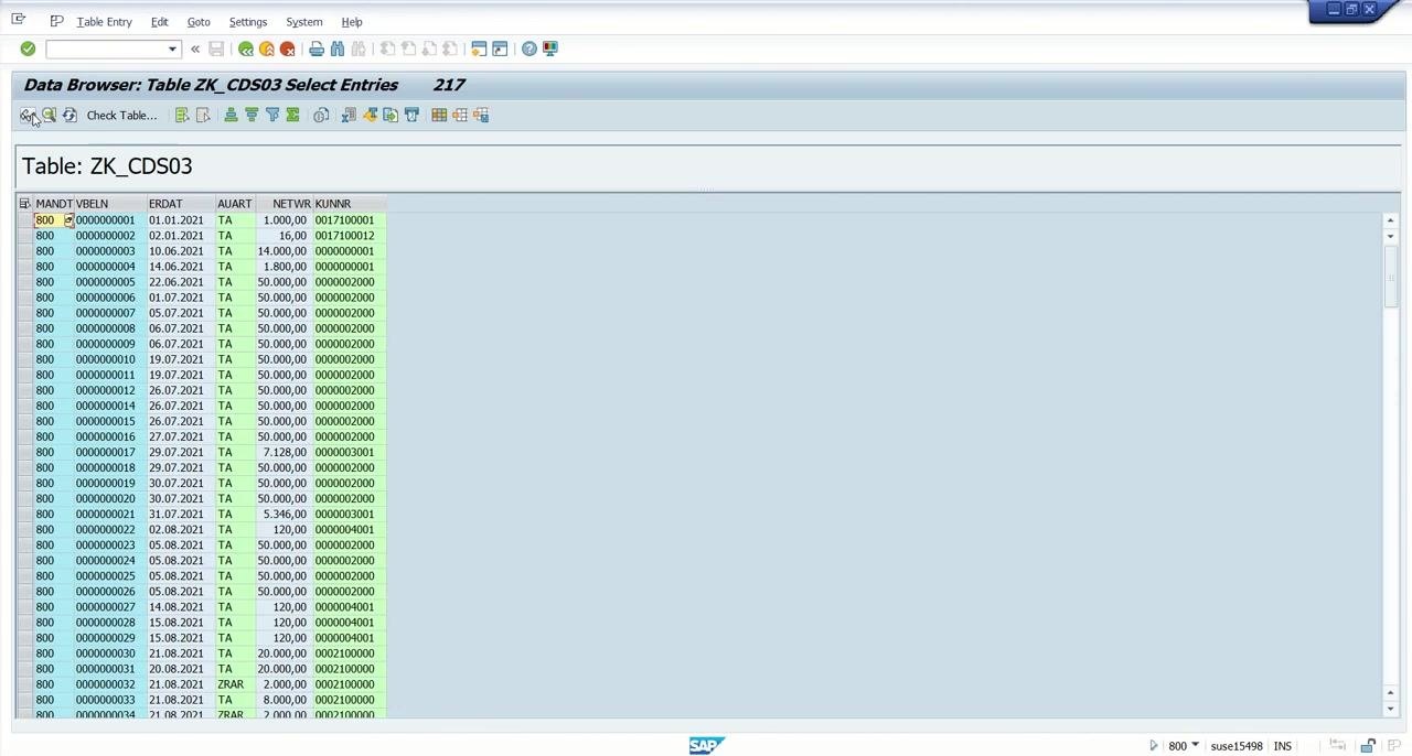 SAP Dictionary Display View screen showing ZK_CDS03 with all fields and the data definition ZKBTP_CDS03