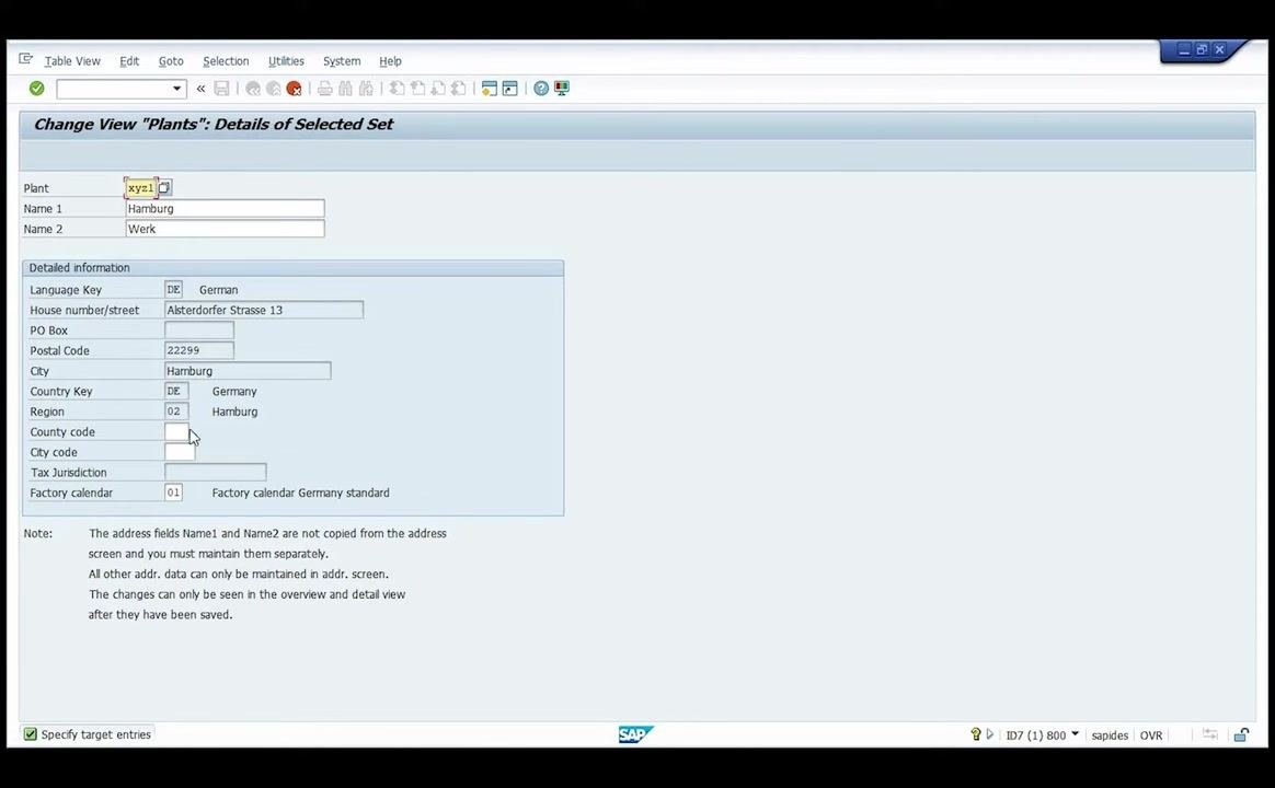 SAP screen showing plant xyz1 with Hamburg, Germany details and factory calendar set to Germany standard