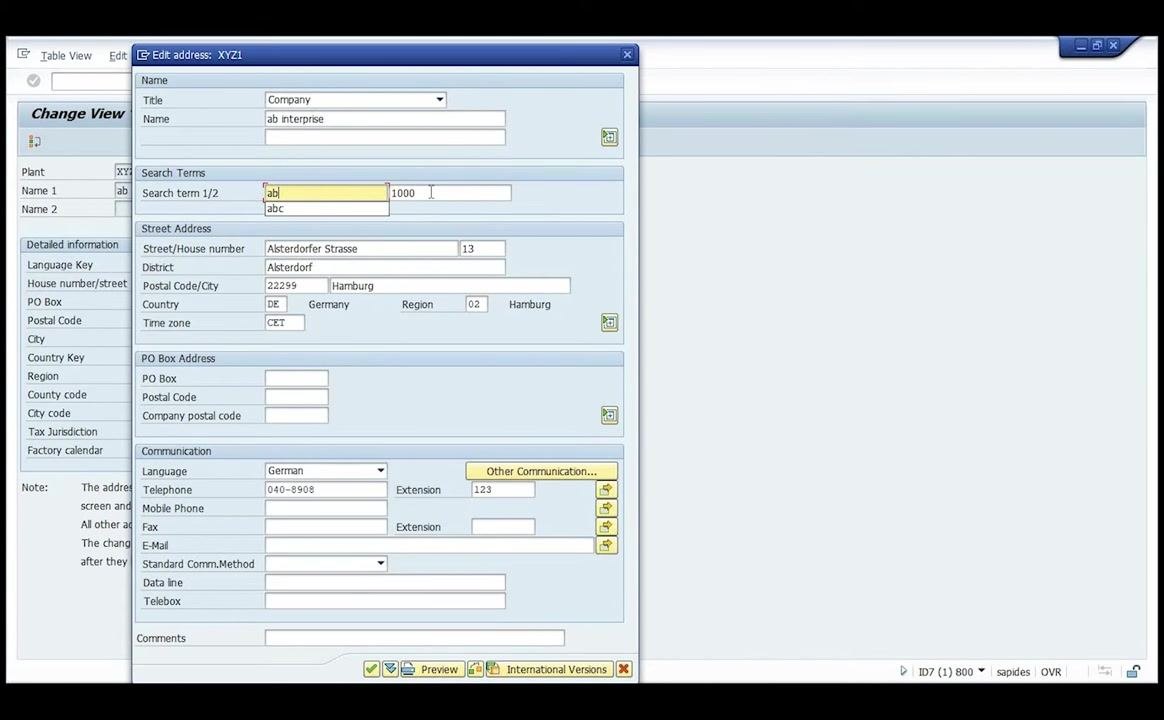 Edit address window for plant XYZ1 with 'ab enterprise' as the name and 'ab' as the search term