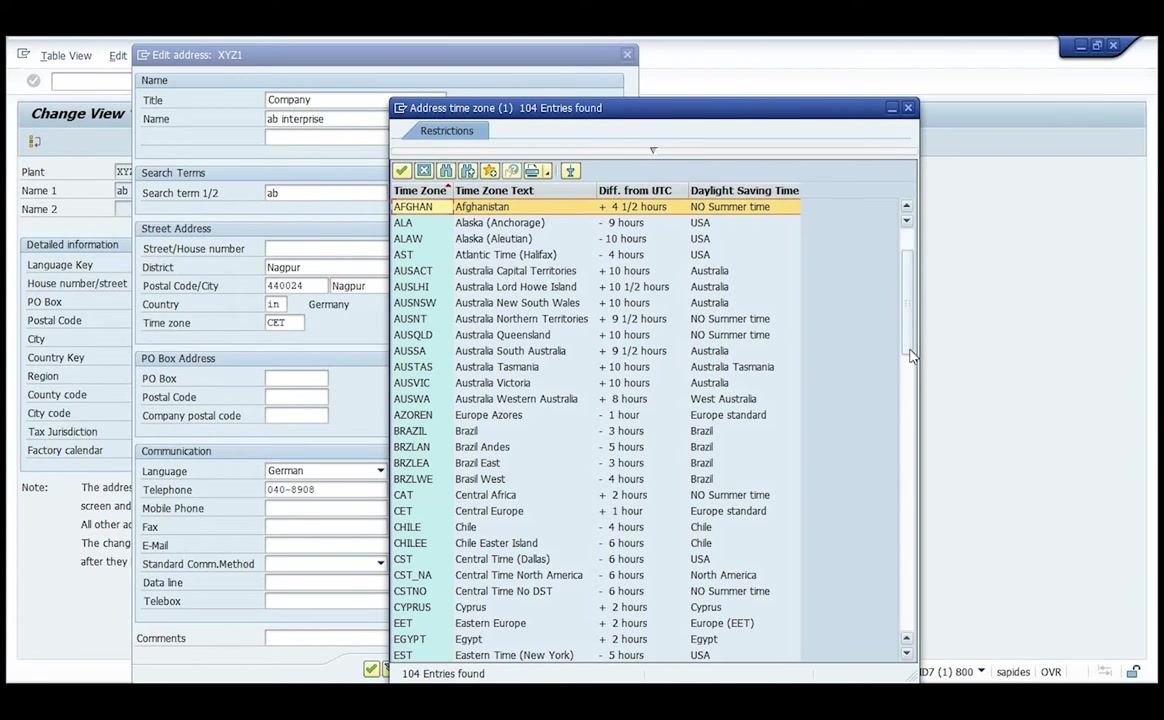 SAP Edit address window with the Region selection dialog open, '13 Maharashtra' highlighted