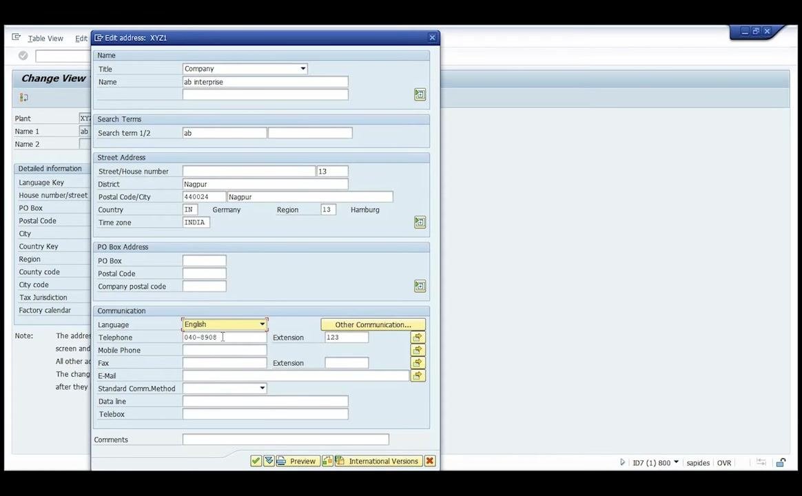 SAP Edit address window with all updated fields and language set to English, ready to save