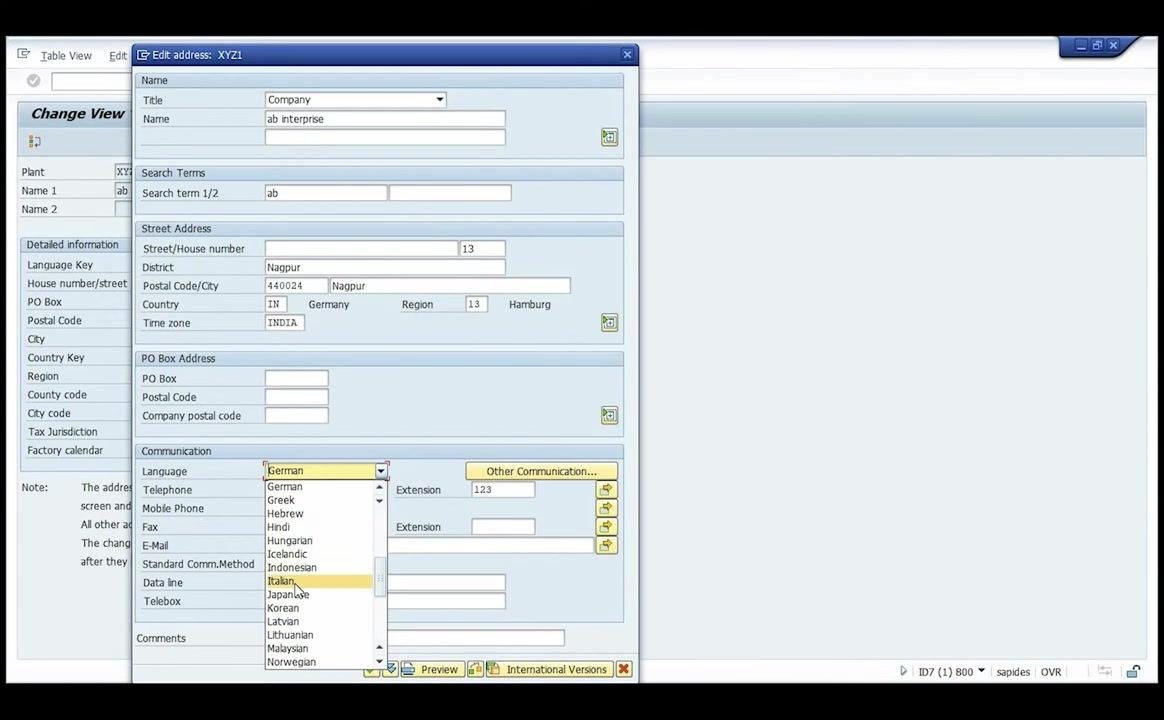 SAP Change View 'Plants': Overview screen showing the xyz1 ab enterprise entry and the data saved message