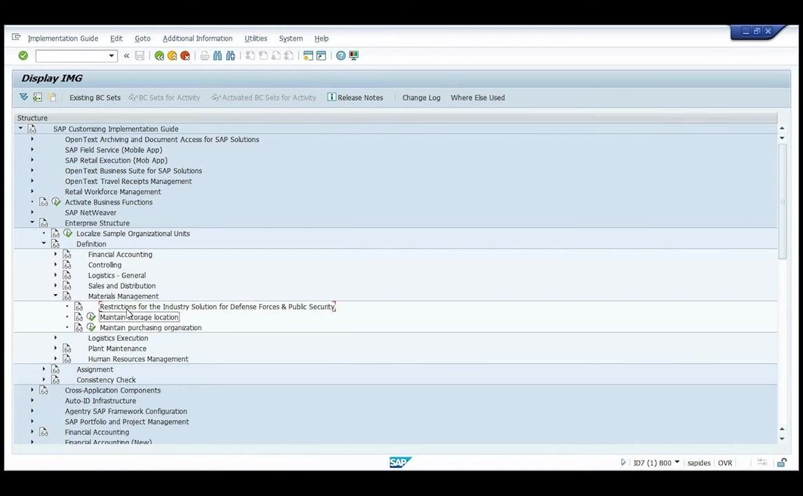 SAP IMG screen with 'Maintain storage location' highlighted under Materials Management