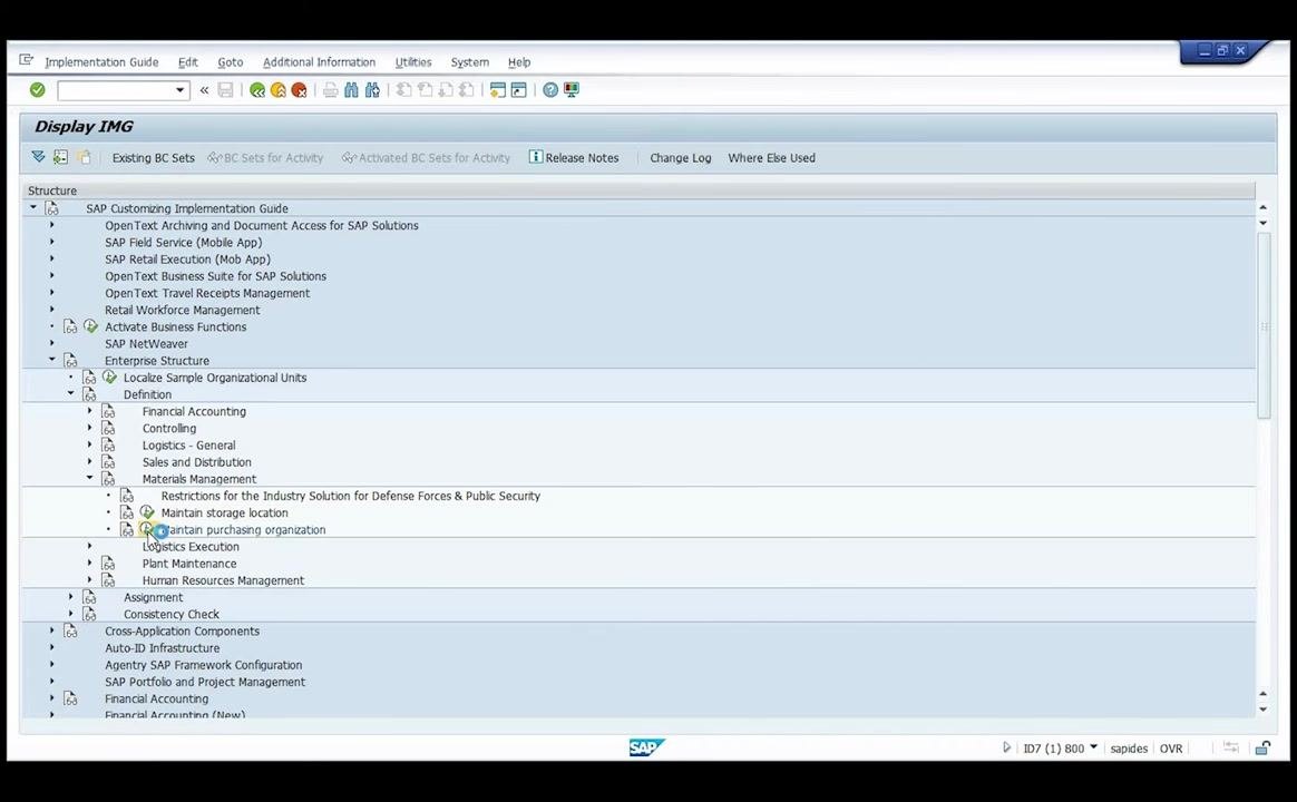 SAP IMG screen with 'Maintain purchasing organization' highlighted under Materials Management