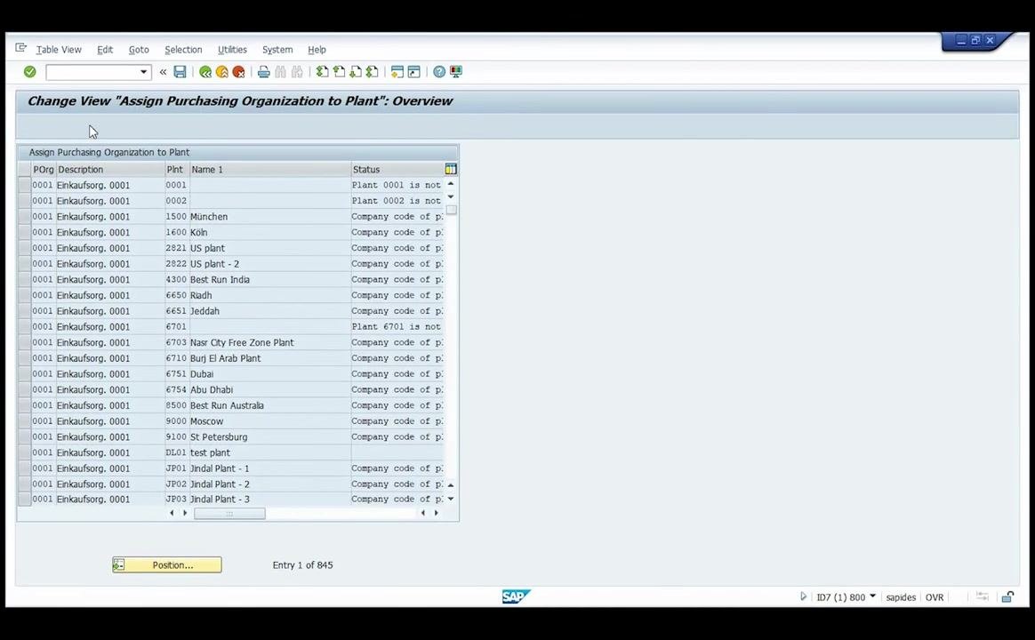 Change View 'Assign Purchasing Organization to Plant': Overview screen showing a list of purchasing organizations and plants